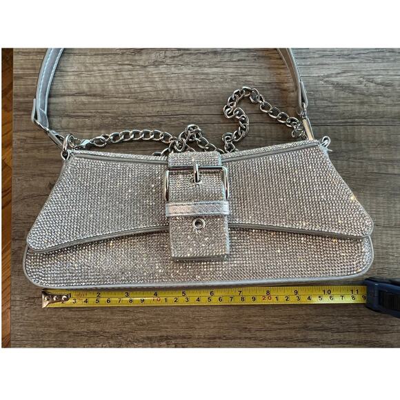 Silver Glitter Baguette Shoulder Bag Chain Strap Evening Party Purse - Picture 6 of 10